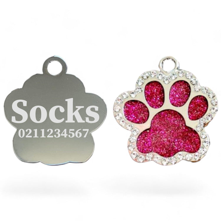 ⭐️Purr. Meow. Woof.⭐️ - Bling Paw Print Cat & Dog ID Pet Tag - DeepPink