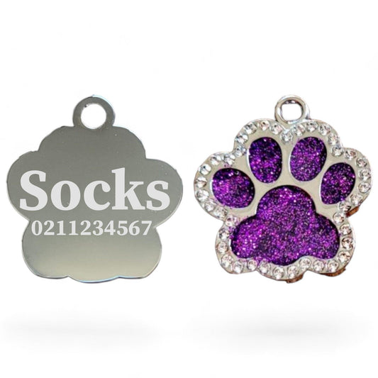 ⭐️Purr. Meow. Woof.⭐️ - Bling Paw Print Cat & Dog ID Pet Tag - Purple