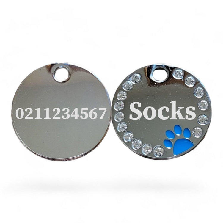 ⭐️Purr. Meow. Woof.⭐️ - Bling Round Paw Print Cat & Dog ID Pet Tag - DodgerBlue