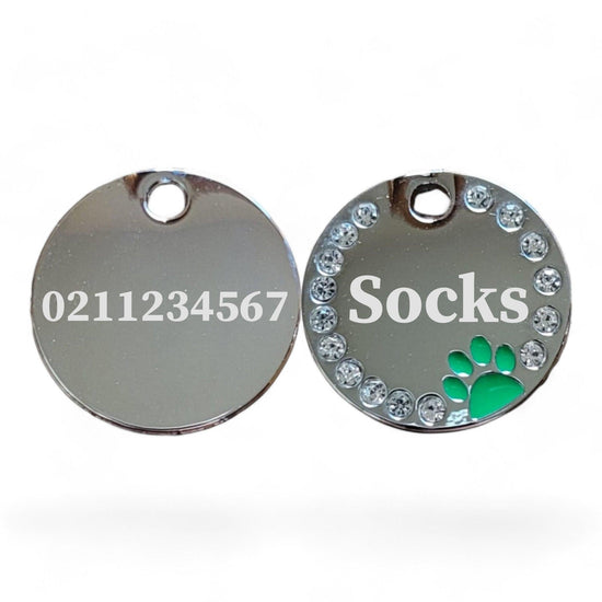 ⭐️Purr. Meow. Woof.⭐️ - Bling Round Paw Print Cat & Dog ID Pet Tag - Green