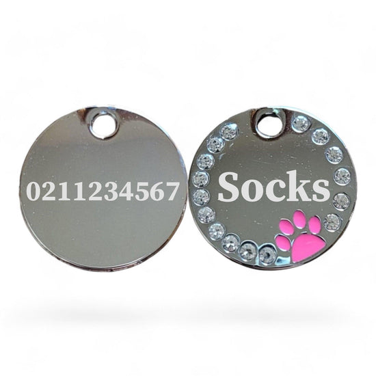 ⭐️Purr. Meow. Woof.⭐️ - Bling Round Paw Print Cat & Dog ID Pet Tag - LightPink