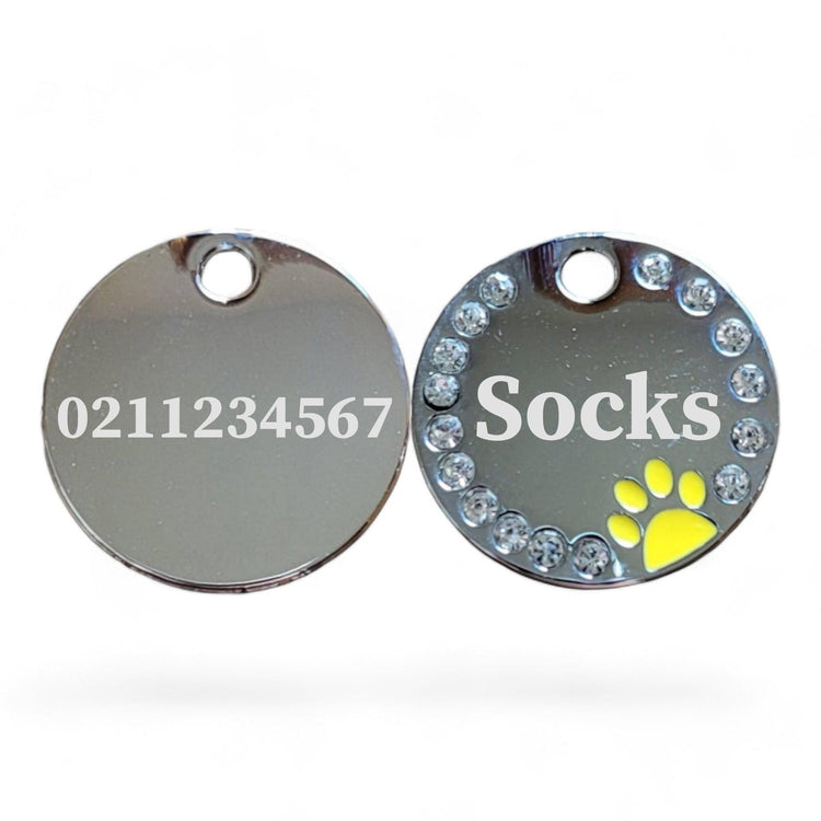 ⭐️Purr. Meow. Woof.⭐️ - Bling Round Paw Print Cat & Dog ID Pet Tag - Yellow