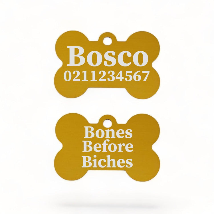 ⭐️Purr. Meow. Woof.⭐️ - Bones Before Bitches | Bone Aluminium | Dog ID Pet Tag - Gold