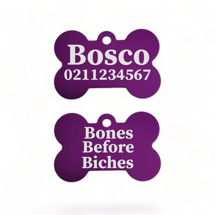 ⭐️Purr. Meow. Woof.⭐️ - Bones Before Bitches | Bone Aluminium | Dog ID Pet Tag - Purple