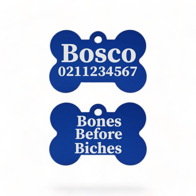 ⭐️Purr. Meow. Woof.⭐️ - Bones Before Bitches | Bone Aluminium | Dog ID Pet Tag - RoyalBlue