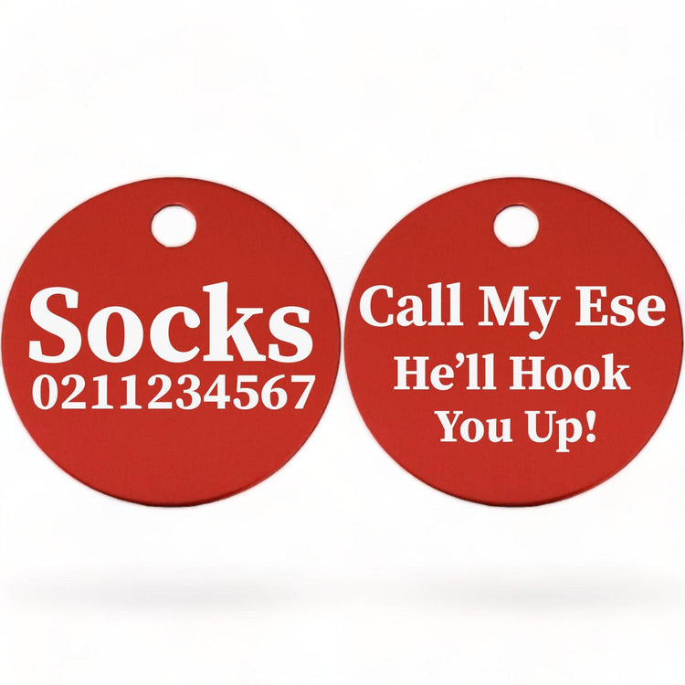 ⭐️Purr. Meow. Woof.⭐️ - Call My Ese He'll Hook You Up! | Round Aluminium | Cat & Kitten ID Pet Tag - Firebrick