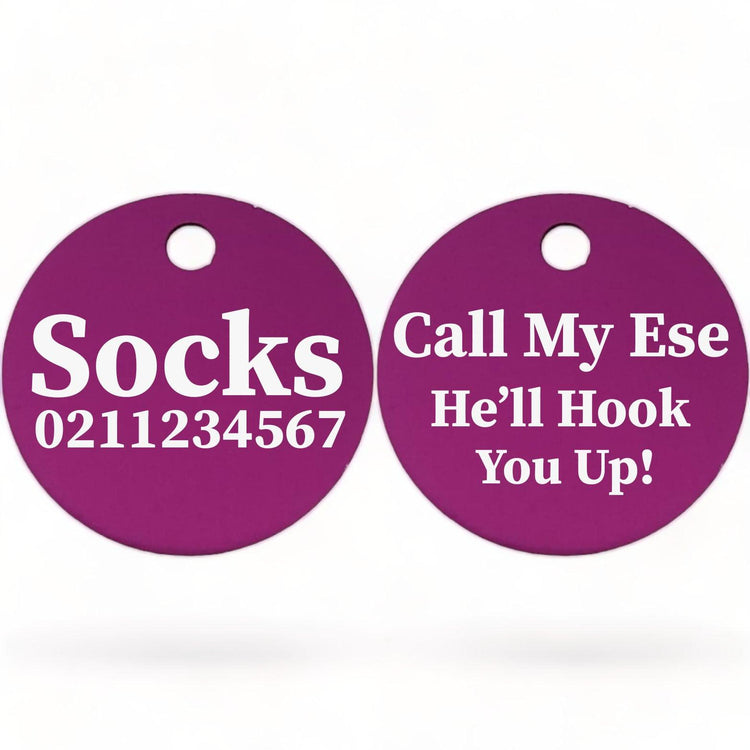 ⭐️Purr. Meow. Woof.⭐️ - Call My Ese He'll Hook You Up! | Round Aluminium | Cat & Kitten ID Pet Tag - Purple