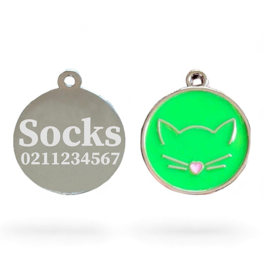 ⭐️Purr. Meow. Woof.⭐️ - Cat Face Round ID Pet Tag - SpringGreen