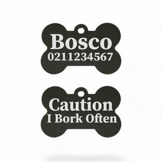 ⭐️Purr. Meow. Woof.⭐️ - Caution I Bork Often | Bone Aluminium | Dog ID Pet Tag - Black