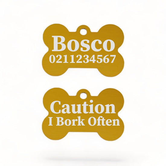 ⭐️Purr. Meow. Woof.⭐️ - Caution I Bork Often | Bone Aluminium | Dog ID Pet Tag - Gold
