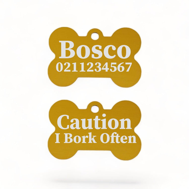 ⭐️Purr. Meow. Woof.⭐️ - Caution I Bork Often | Bone Aluminium | Dog ID Pet Tag - Gold