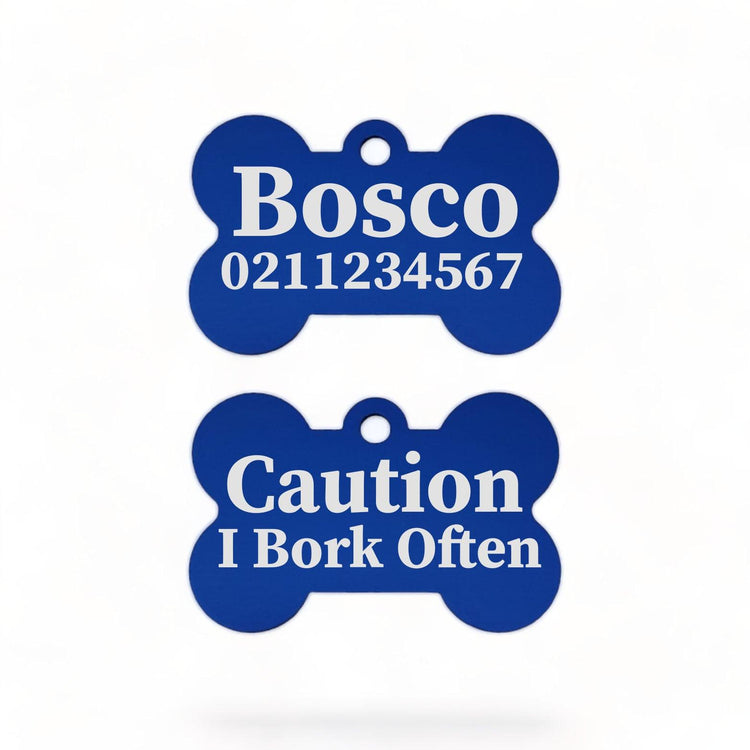 ⭐️Purr. Meow. Woof.⭐️ - Caution I Bork Often | Bone Aluminium | Dog ID Pet Tag - RoyalBlue