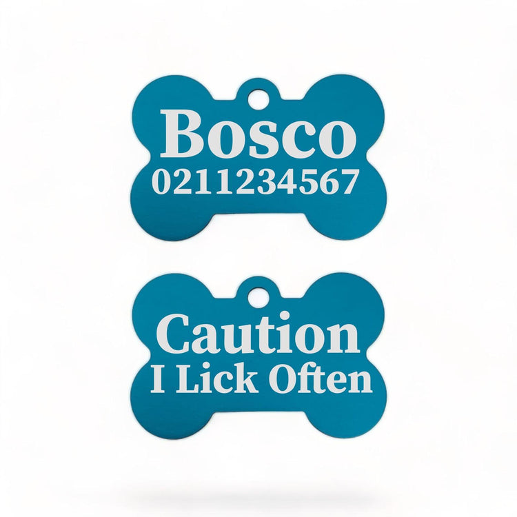 ⭐️Purr. Meow. Woof.⭐️ - Caution I Lick Often | Bone Aluminium | Dog ID Pet Tag - DodgerBlue