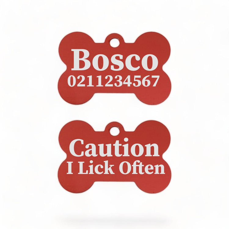⭐️Purr. Meow. Woof.⭐️ - Caution I Lick Often | Bone Aluminium | Dog ID Pet Tag - FireBrick