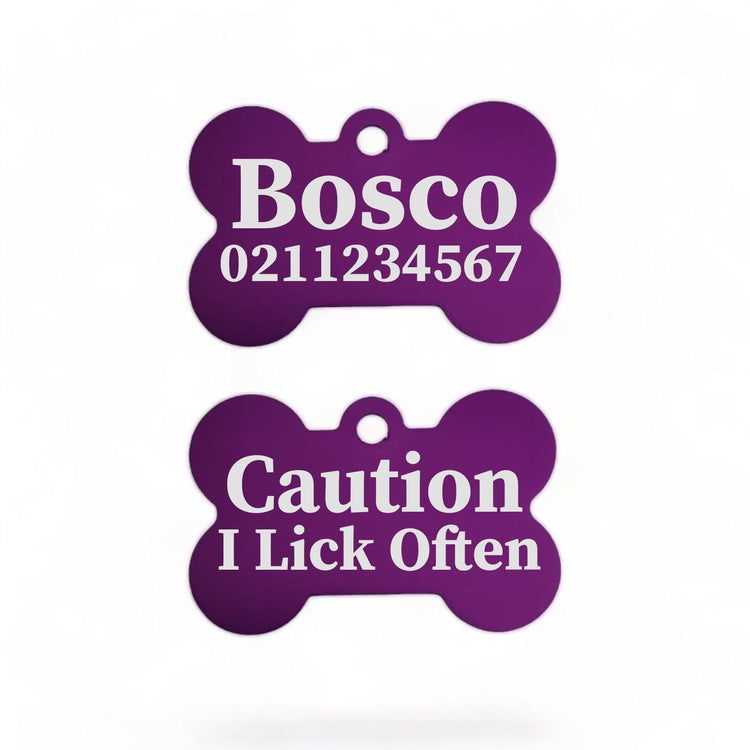 ⭐️Purr. Meow. Woof.⭐️ - Caution I Lick Often | Bone Aluminium | Dog ID Pet Tag - Purple