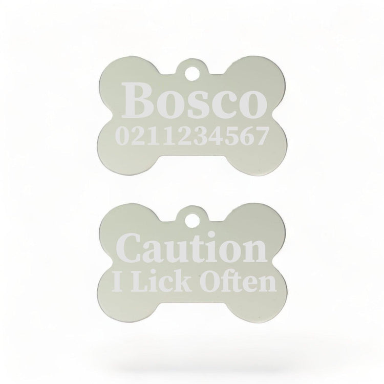 ⭐️Purr. Meow. Woof.⭐️ - Caution I Lick Often | Bone Aluminium | Dog ID Pet Tag - Silver