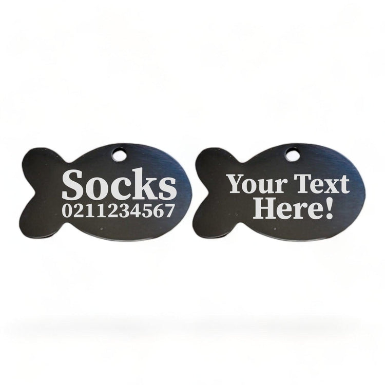 ⭐️Purr. Meow. Woof.⭐️ - Custom Text Baby Fish | Mirror Stainless | Cat ID Pet Tag - Black