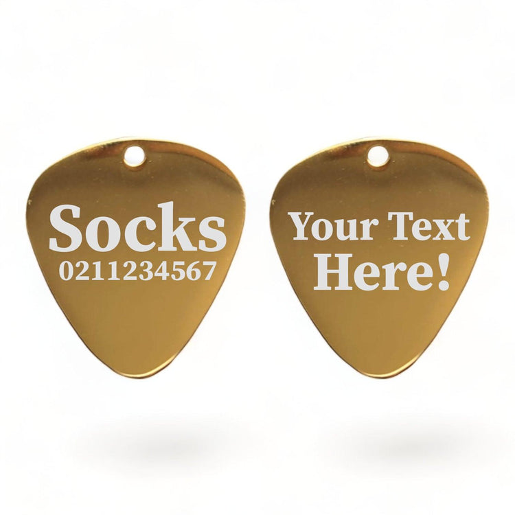 ⭐️Purr. Meow. Woof.⭐️ - Custom Text Guitar Pick | Mirror Stainless | Dog & Cat ID Pet Tag - Gold