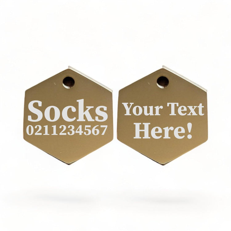 ⭐️Purr. Meow. Woof.⭐️ - Custom Text Mirror | Stainless Hexagon | Cat & Dog ID Pet Tag - Gold / Small (Cat)