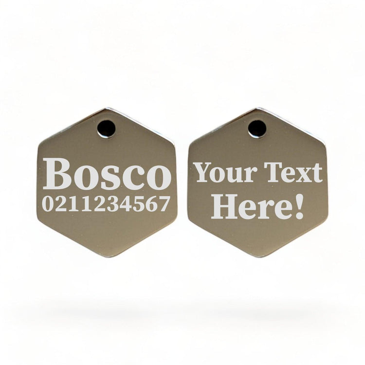 ⭐️Purr. Meow. Woof.⭐️ - Custom Text Mirror | Stainless Hexagon | Cat & Dog ID Pet Tag - Silver / Large (Dog)
