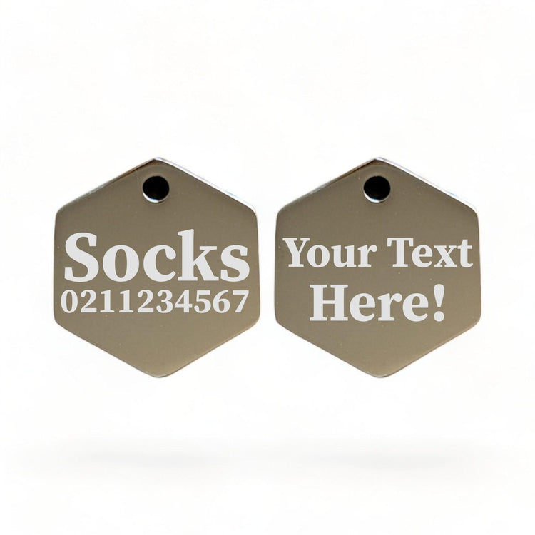 ⭐️Purr. Meow. Woof.⭐️ - Custom Text Mirror | Stainless Hexagon | Cat & Dog ID Pet Tag - Silver / Small (Cat)
