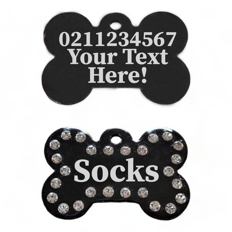 ⭐️Purr. Meow. Woof.⭐️ - Custom Text | Bling Bone Aluminium | Dog ID Pet Tag - Black