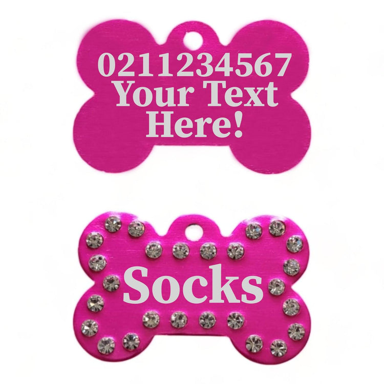 ⭐️Purr. Meow. Woof.⭐️ - Custom Text | Bling Bone Aluminium | Dog ID Pet Tag - DeepPink