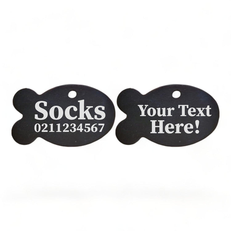 ⭐️Purr. Meow. Woof.⭐️ - Custom Text | Fish Aluminum | Cat, Kitten & Dog ID Pet Tag - Black