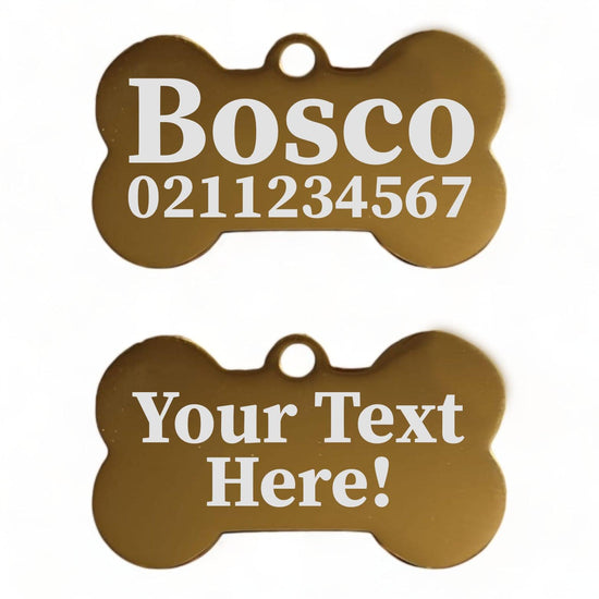 ⭐️Purr. Meow. Woof.⭐️ - Custom Text | Mirror Stainless | Bone Dog ID Pet Tag - Gold / Small