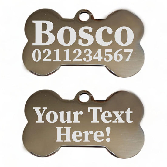 ⭐️Purr. Meow. Woof.⭐️ - Custom Text | Mirror Stainless | Bone Dog ID Pet Tag - Silver / Small