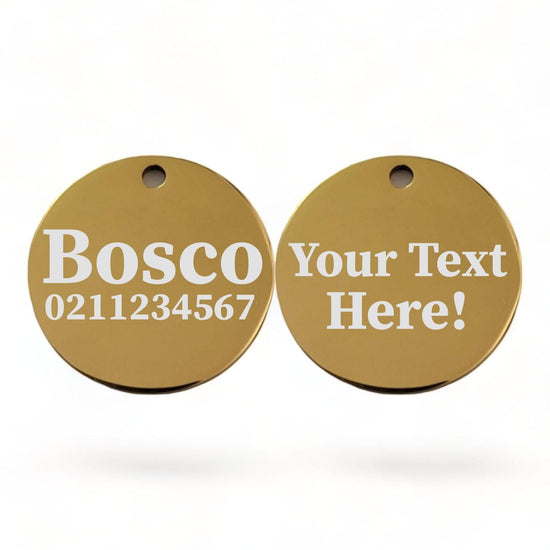 ⭐️Purr. Meow. Woof.⭐️ - Custom Text Round | Mirror Stainless | Dog ID Pet Tag - Gold