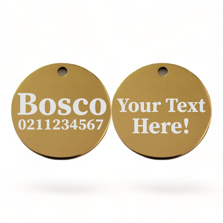 ⭐️Purr. Meow. Woof.⭐️ - Custom Text Round | Mirror Stainless | Dog ID Pet Tag - Gold
