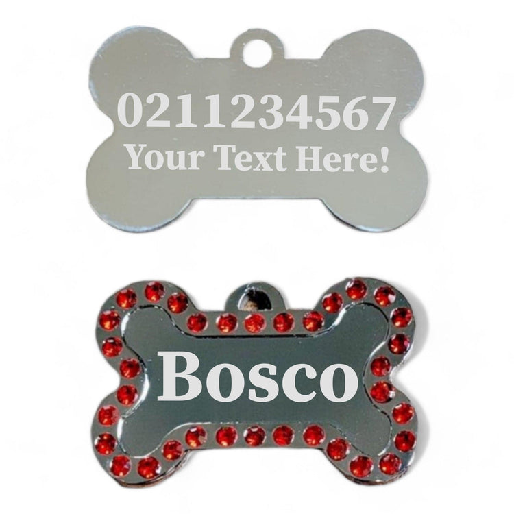 ⭐️Purr. Meow. Woof.⭐️ - Custom Text Sparkly Bone Dog ID Pet Tag - Red