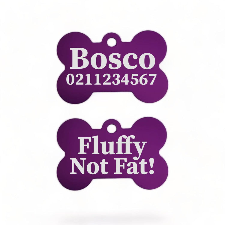 ⭐️Purr. Meow. Woof.⭐️ - Fluffy Not Fat! | Bone Aluminium | Dog ID Pet Tag - Purple