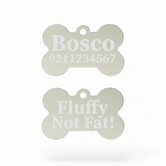 ⭐️Purr. Meow. Woof.⭐️ - Fluffy Not Fat! | Bone Aluminium | Dog ID Pet Tag - Silver
