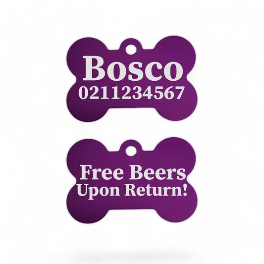 ⭐️Purr. Meow. Woof.⭐️ - Free Beers Upon Return | Bone Aluminium | Dog ID Pet Tag - Purple