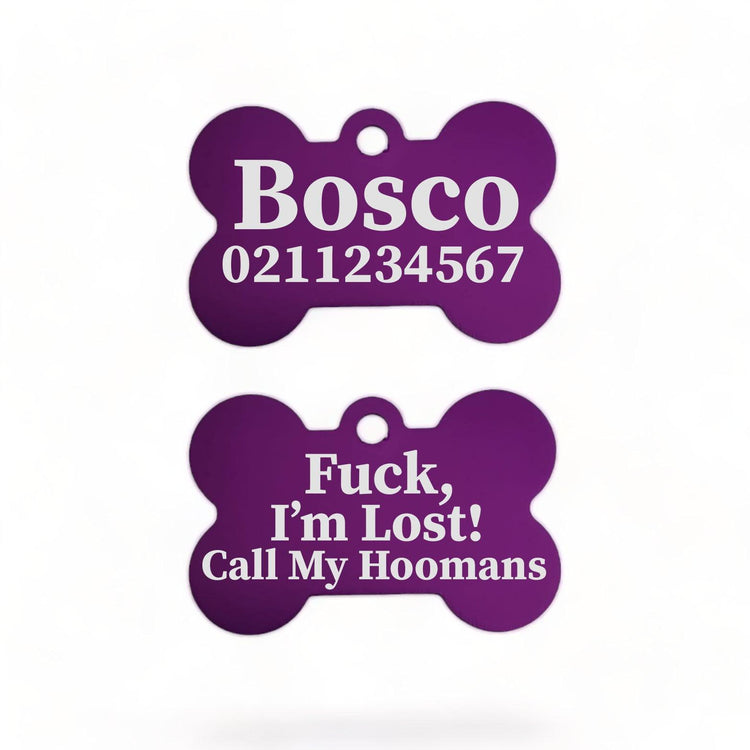 ⭐️Purr. Meow. Woof.⭐️ - Fuck, I'm Lost! Call My Hoomans | Bone Aluminium | Dog ID Pet Tag - Purple
