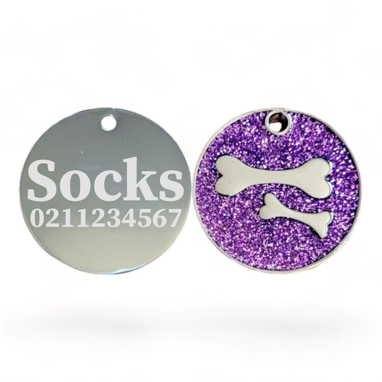 ⭐️Purr. Meow. Woof.⭐️ - Glitter Bone Round Dog ID Pet Tag - Purple