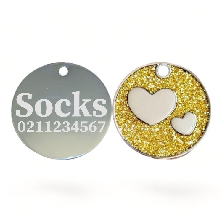 ⭐️Purr. Meow. Woof.⭐️ - Glitter Heart Round Cat & Dog ID Pet Tag - Gold
