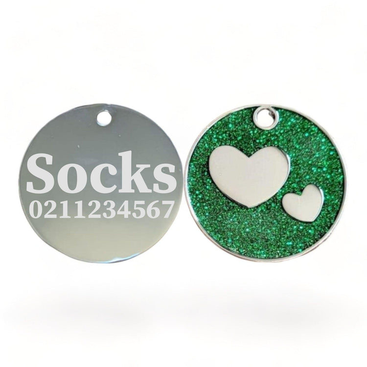 ⭐️Purr. Meow. Woof.⭐️ - Glitter Heart Round Cat & Dog ID Pet Tag - Green
