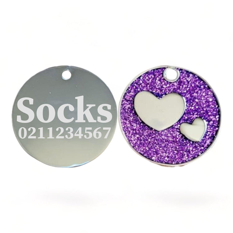 ⭐️Purr. Meow. Woof.⭐️ - Glitter Heart Round Cat & Dog ID Pet Tag - Purple
