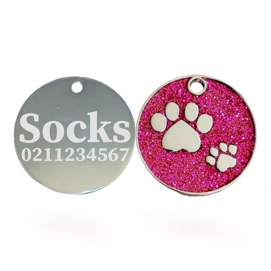 ⭐️Purr. Meow. Woof.⭐️ - Glitter Paw Print Round Cat & Dog ID Pet Tag - DeepPink