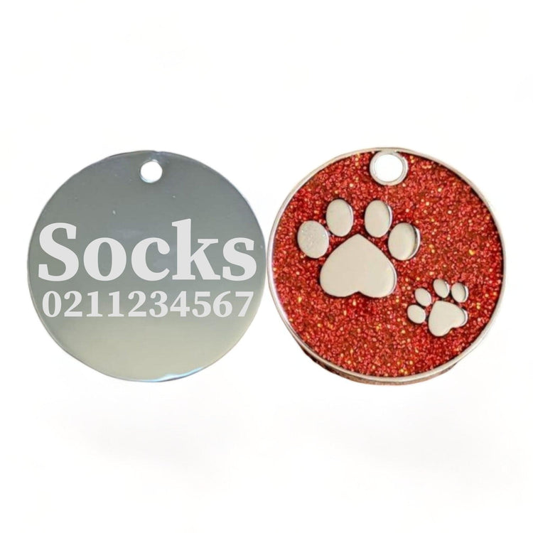 ⭐️Purr. Meow. Woof.⭐️ - Glitter Paw Print Round Cat & Dog ID Pet Tag - FireBrick