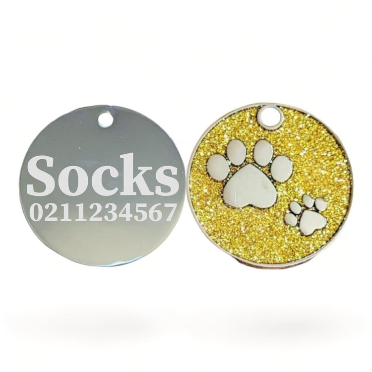 ⭐️Purr. Meow. Woof.⭐️ - Glitter Paw Print Round Cat & Dog ID Pet Tag - Gold