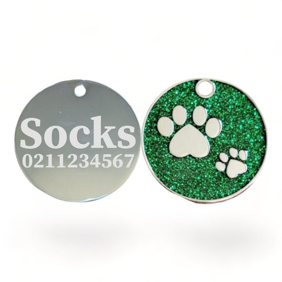 ⭐️Purr. Meow. Woof.⭐️ - Glitter Paw Print Round Cat & Dog ID Pet Tag - Green