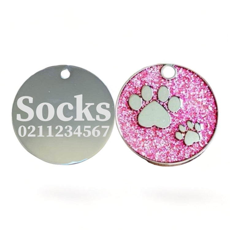 ⭐️Purr. Meow. Woof.⭐️ - Glitter Paw Print Round Cat & Dog ID Pet Tag - LightPink
