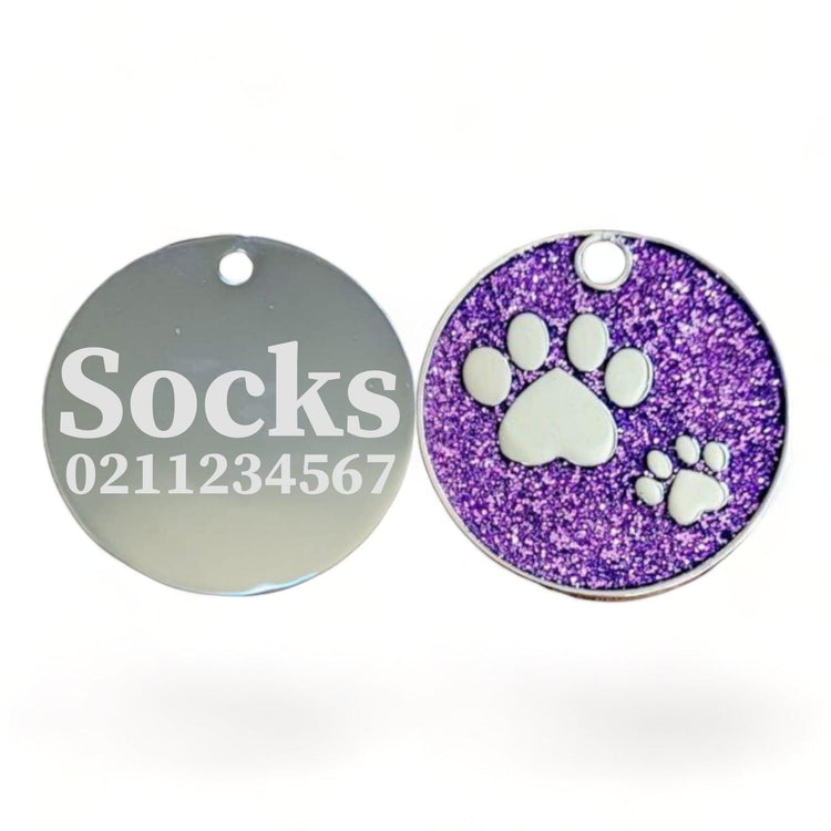 ⭐️Purr. Meow. Woof.⭐️ - Glitter Paw Print Round Cat & Dog ID Pet Tag - Purple