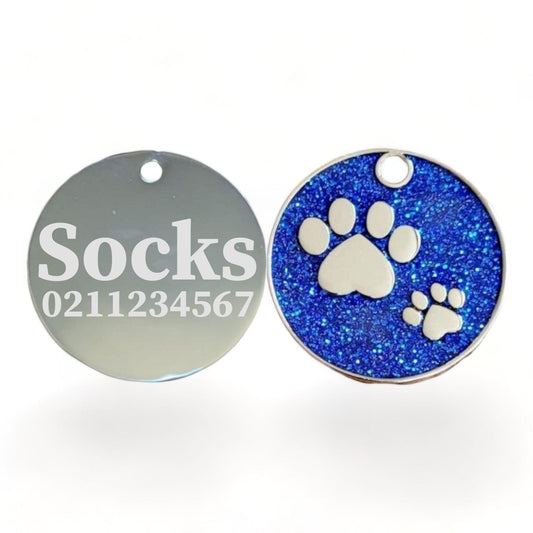 ⭐️Purr. Meow. Woof.⭐️ - Glitter Paw Print Round Cat & Dog ID Pet Tag - RoyalBlue