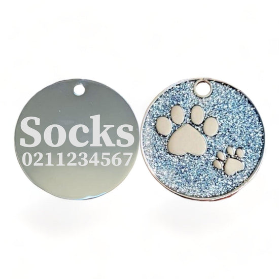 ⭐️Purr. Meow. Woof.⭐️ - Glitter Paw Print Round Cat & Dog ID Pet Tag - White