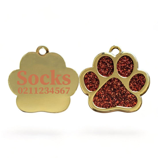 ⭐️Purr. Meow. Woof.⭐️ - Gold Paw Print Cat & Dog ID Pet Tag - FireBrick